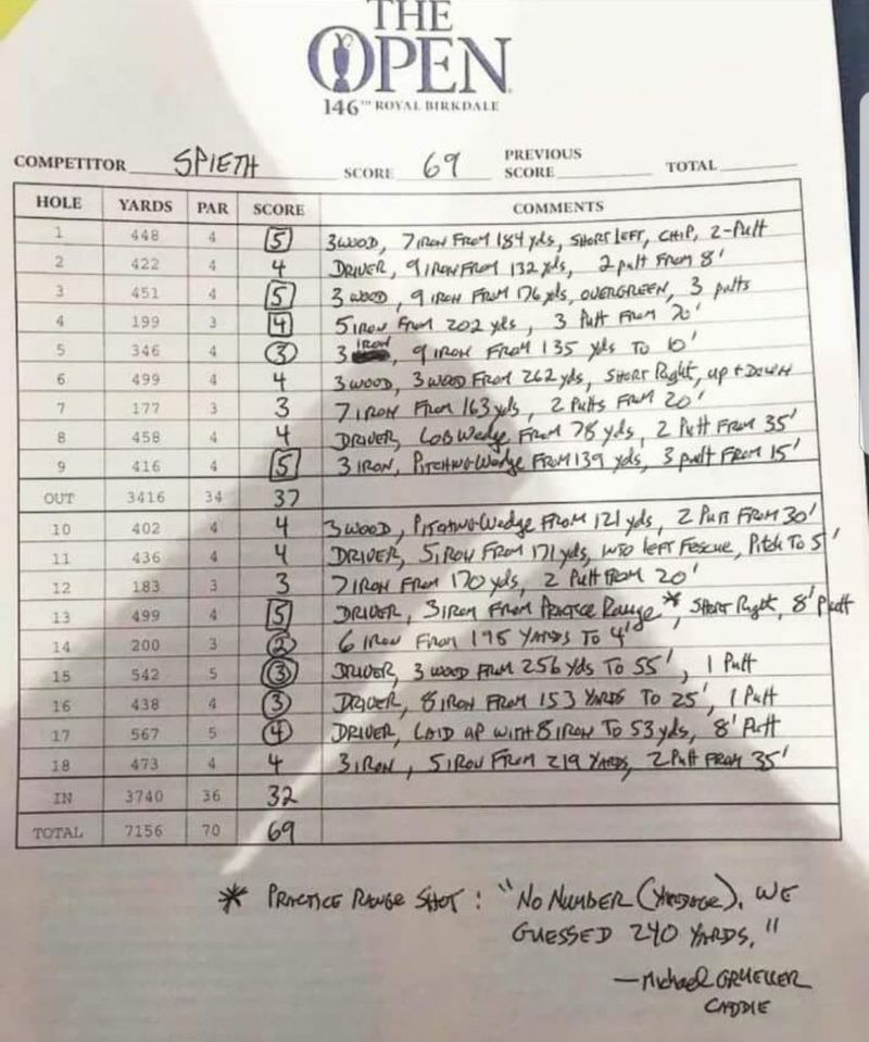 Actual scorecard of Jordan Speith